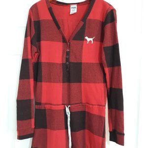 #759Pink plaid long sleeve pajama jumpsuit. Size:L (Large)